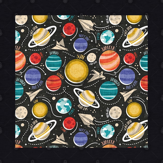 Paper space adventure II // pattern // black background multicoloured solar system paper cut planets origami paper spaceships and rockets by SelmaCardoso